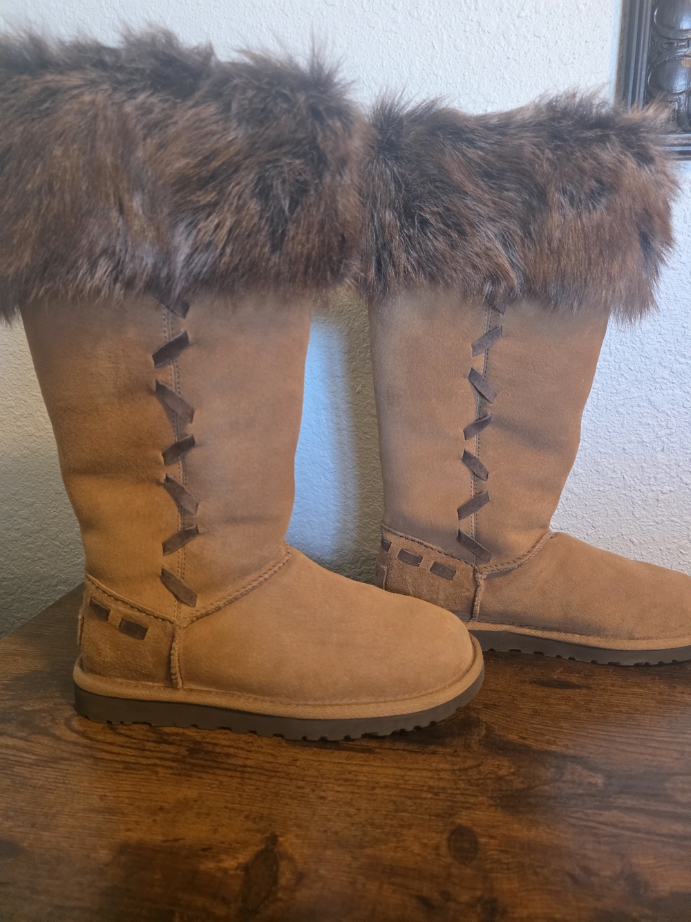 UGG Chestnut Suede Tall Boots with Faux Fur Cuff